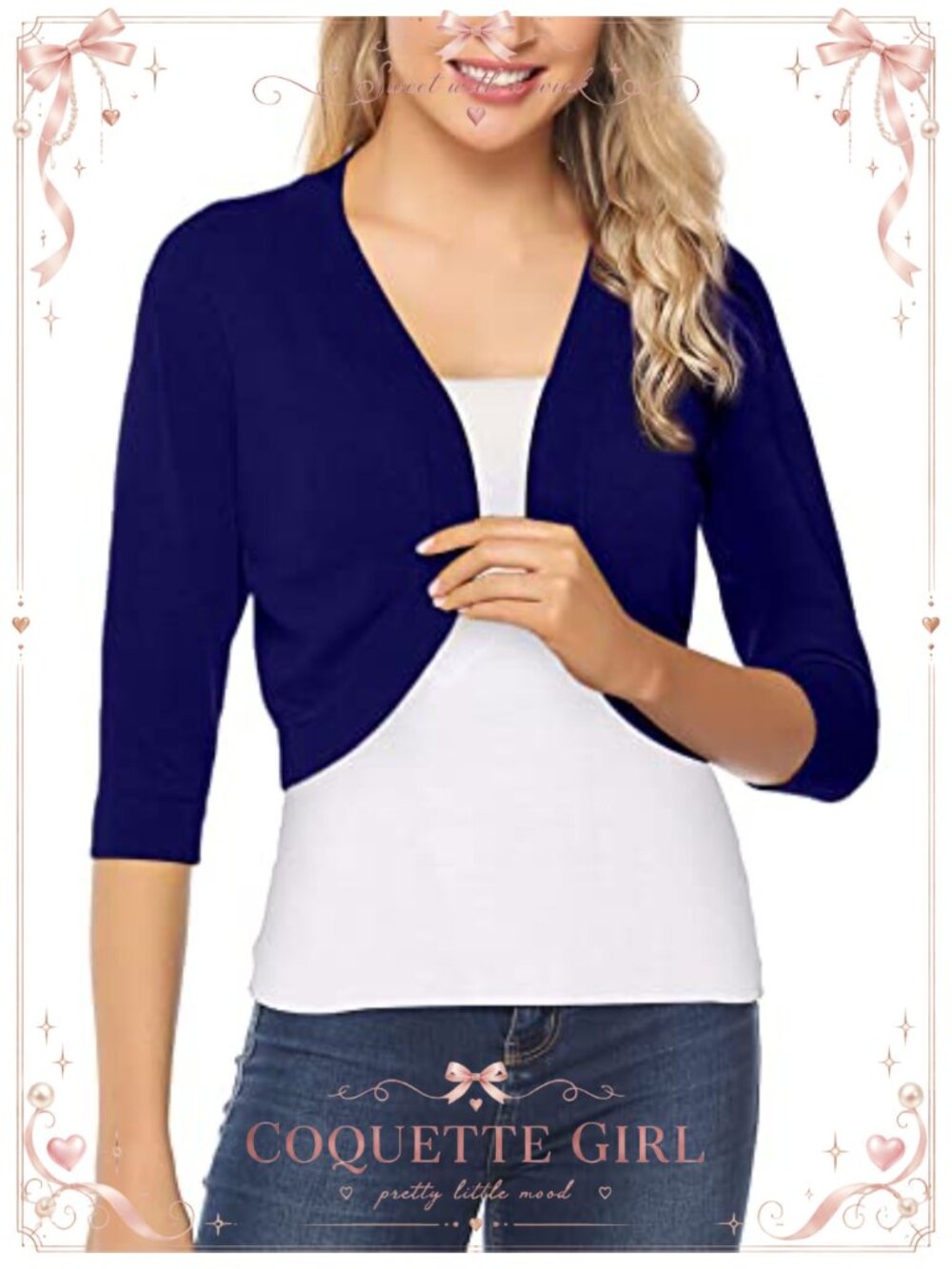 Womens 3/4 Sleeve Open Front Cropped Bolero Shrug Cardigan Knit Sweater